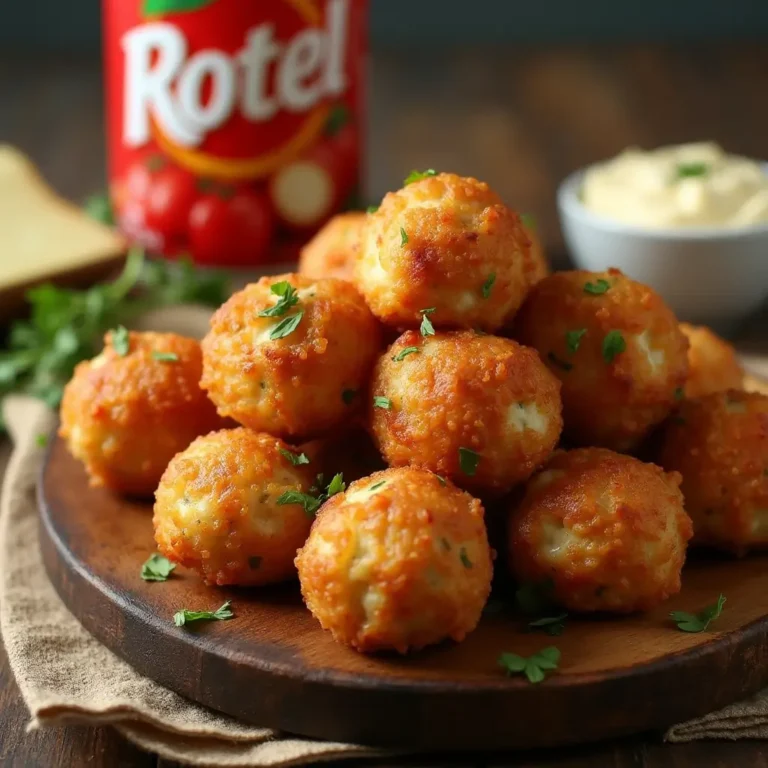 A plate of golden-brown Rotel Cream Cheese Sausage Balls, with one ball cut open to reveal the cheesy interior, surrounded by fresh parsley and Rotel cans in the background.