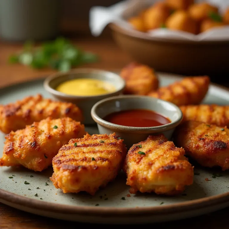 A plate of golden-brown grilled chicken nuggets, served with small bowls of honey mustard and ketchup dipping sauces.