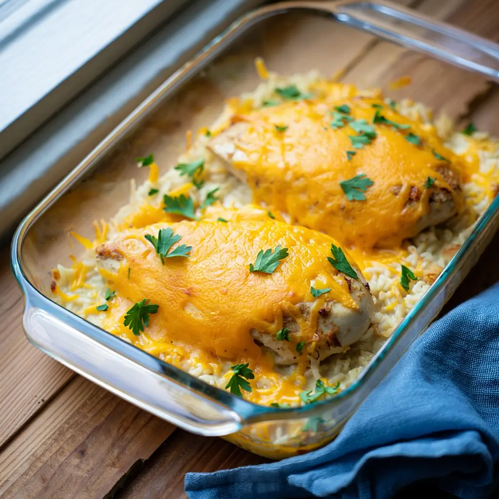 A comforting baked dish of golden, seasoned chicken breasts served over creamy, tender rice, garnished with fresh parsley.