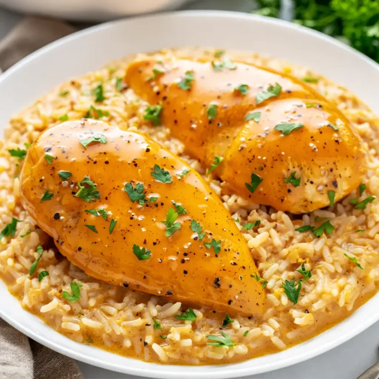 A comforting baked dish of golden, seasoned chicken breasts served over creamy, tender rice, garnished with fresh parsley.