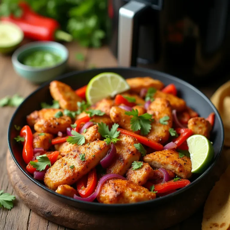 Colorful air fryer chicken fajitas with juicy seasoned chicken strips, bell peppers, and onions, garnished with cilantro and lime on a rustic table.