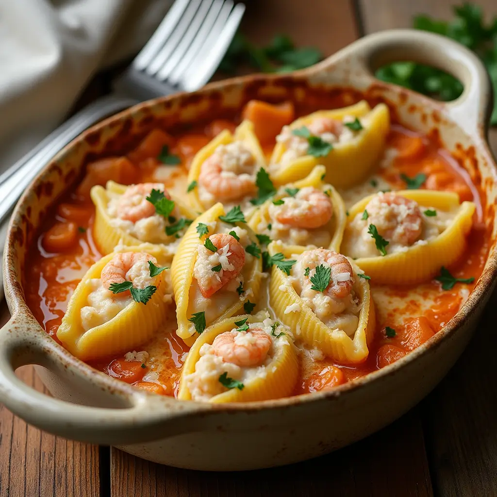 Creamy seafood stuffed shells filled with shrimp and crab, topped with golden cheese and fresh herbs in a rustic baking dish.