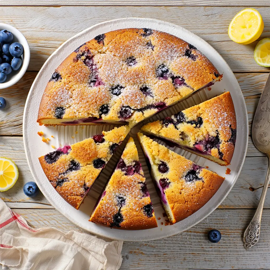 A moist lemon blueberry coffee cake topped with powdered sugar, with fresh blueberries and lemon slices on the side.