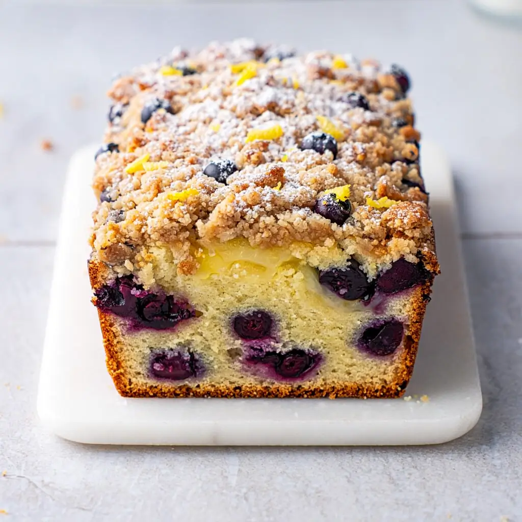 A moist lemon blueberry coffee cake topped with powdered sugar, with fresh blueberries and lemon slices on the side.