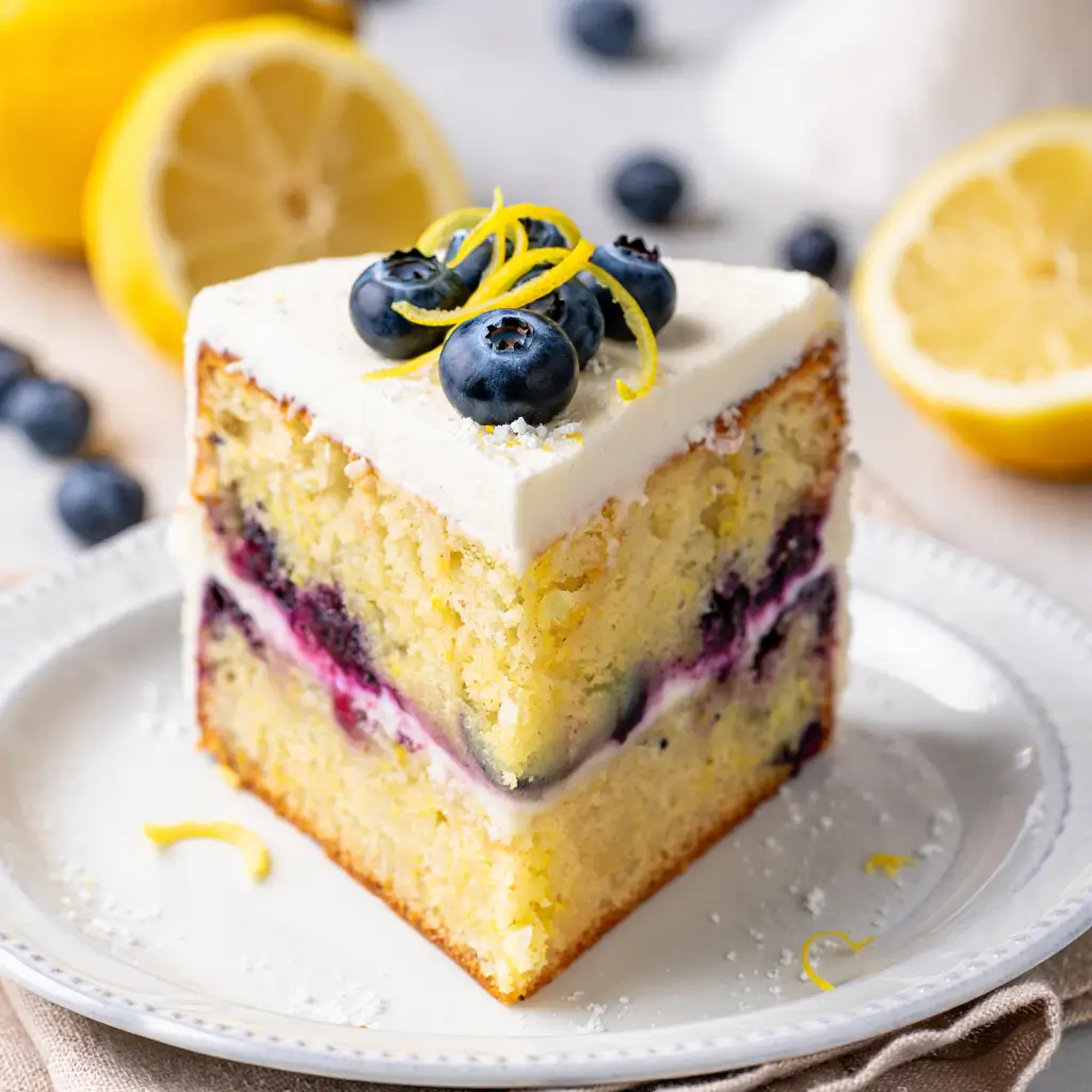 A moist Lemon Blueberry Mascarpone Cake topped with mascarpone frosting, fresh blueberries, and lemon zest, served on a white cake stand.