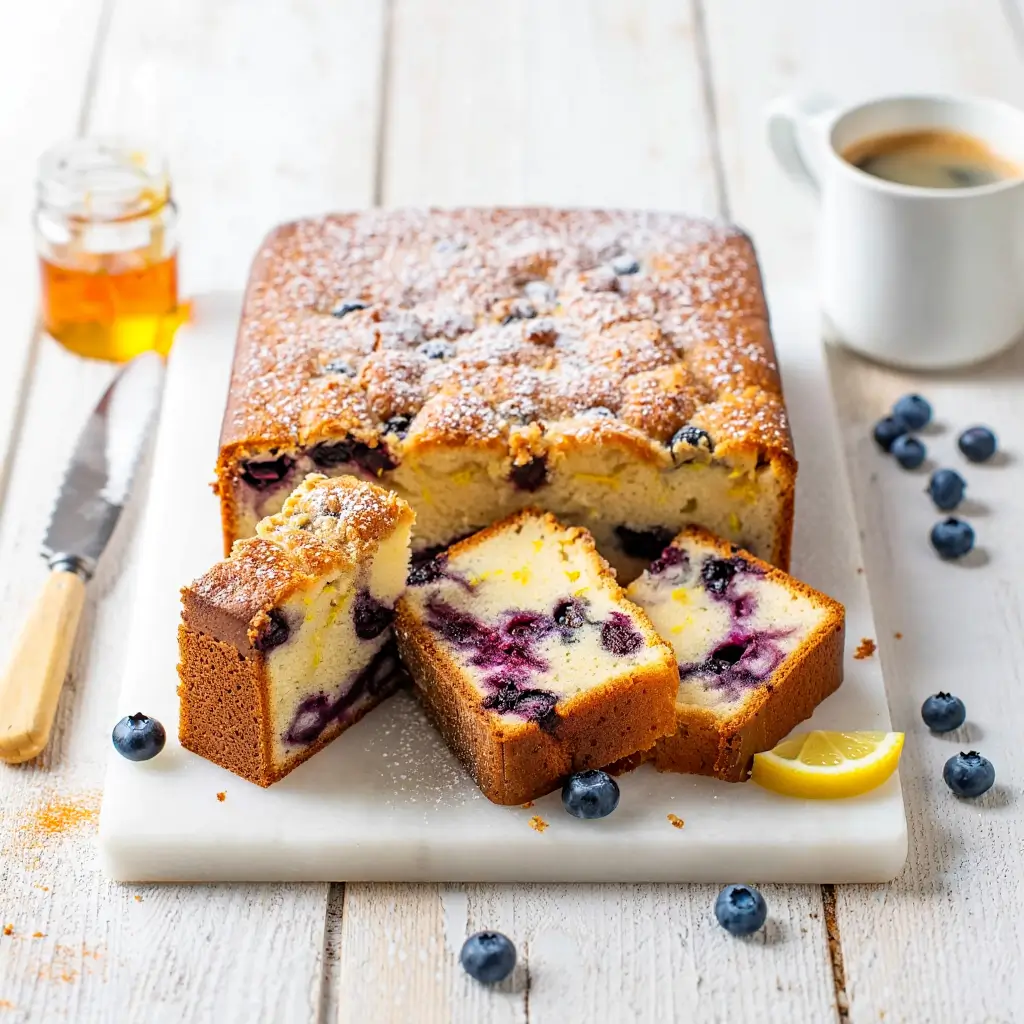 A moist lemon blueberry coffee cake topped with powdered sugar, with fresh blueberries and lemon slices on the side.