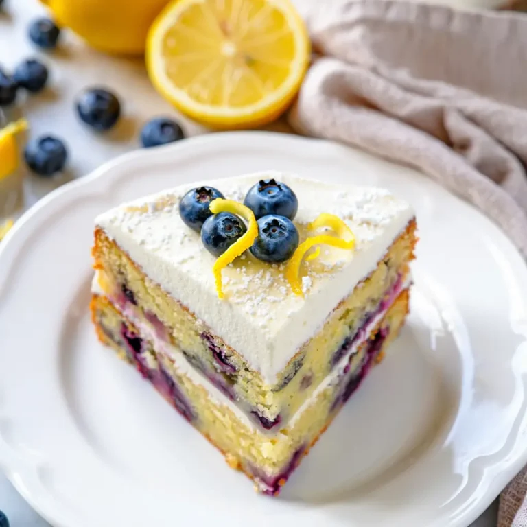 A moist Lemon Blueberry Mascarpone Cake topped with mascarpone frosting, fresh blueberries, and lemon zest, served on a white cake stand.