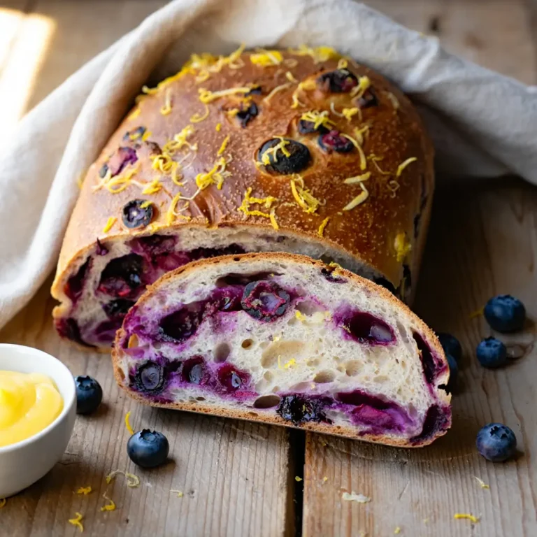 Freshly baked lemon blueberry sourdough bread loaf with a golden crust, bursting blueberries, and lemon zest on top, styled on a rustic table.