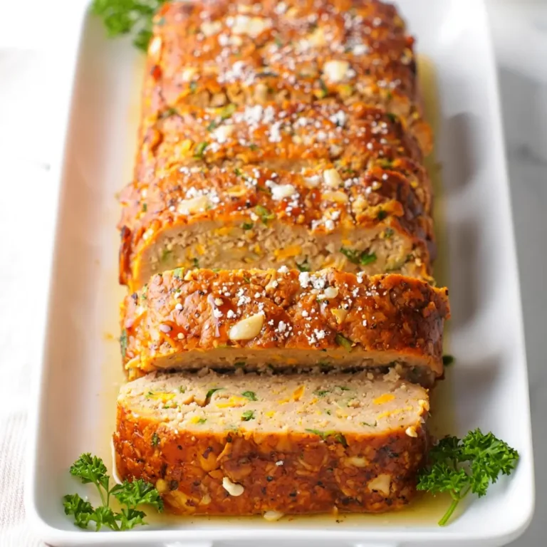 Golden-brown garlic Parmesan chicken meatloaf topped with melted Parmesan and fresh parsley, served with roasted vegetables on a rustic plate.