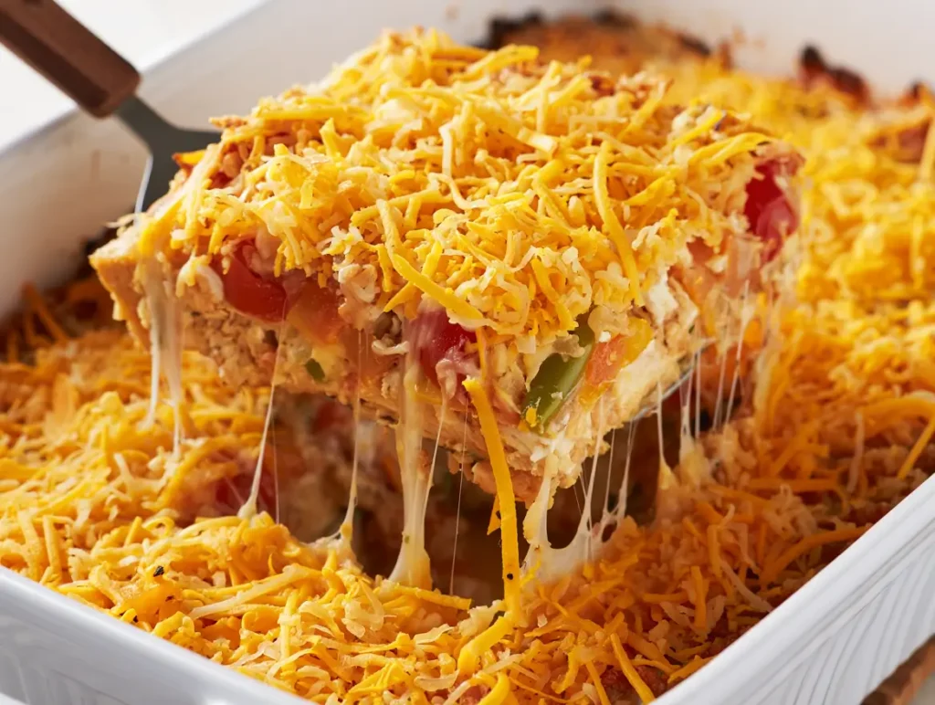 Close-up of a cheesy Mexican White Trash Casserole in a white baking dish, with a gooey, golden slice being lifted, showing melted cheese, tortilla chips, and diced tomatoes.