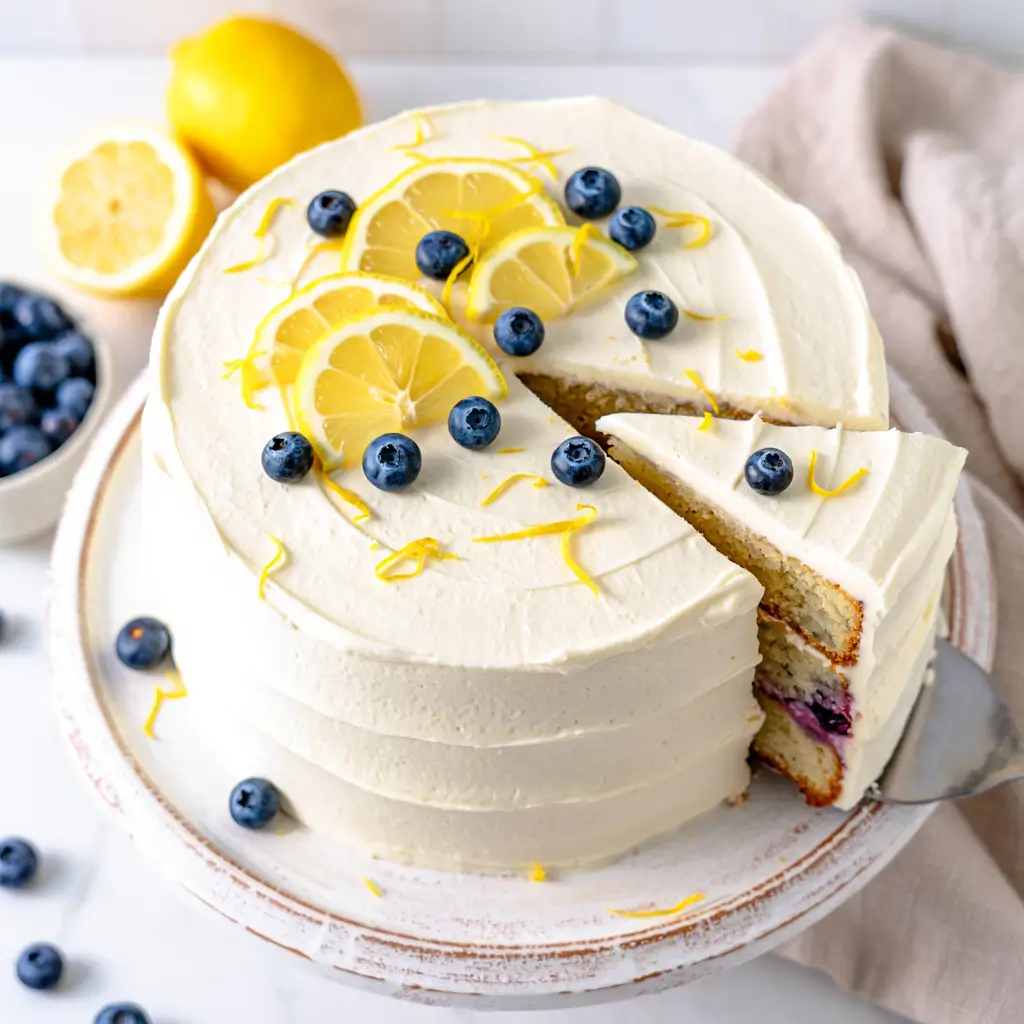 A moist Lemon Blueberry Mascarpone Cake topped with mascarpone frosting, fresh blueberries, and lemon zest, served on a white cake stand.
