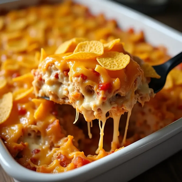 Close-up of a cheesy Mexican White Trash Casserole in a white baking dish, with a gooey, golden slice being lifted, showing melted cheese, tortilla chips, and diced tomatoes.