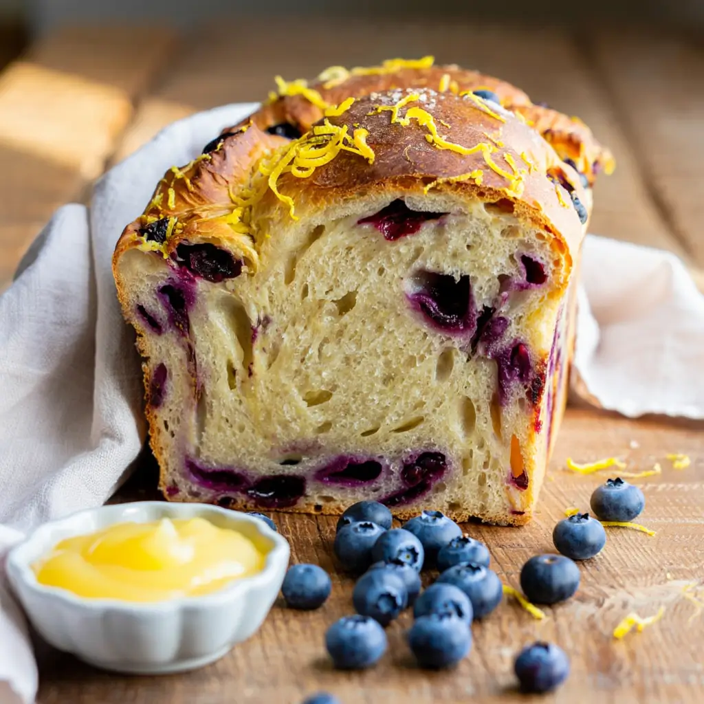 Freshly baked lemon blueberry sourdough bread loaf with a golden crust, bursting blueberries, and lemon zest on top, styled on a rustic table.