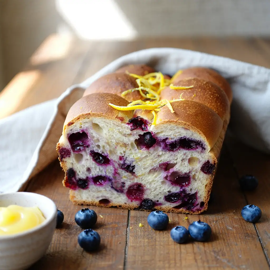 Freshly baked lemon blueberry sourdough bread loaf with a golden crust, bursting blueberries, and lemon zest on top, styled on a rustic table.